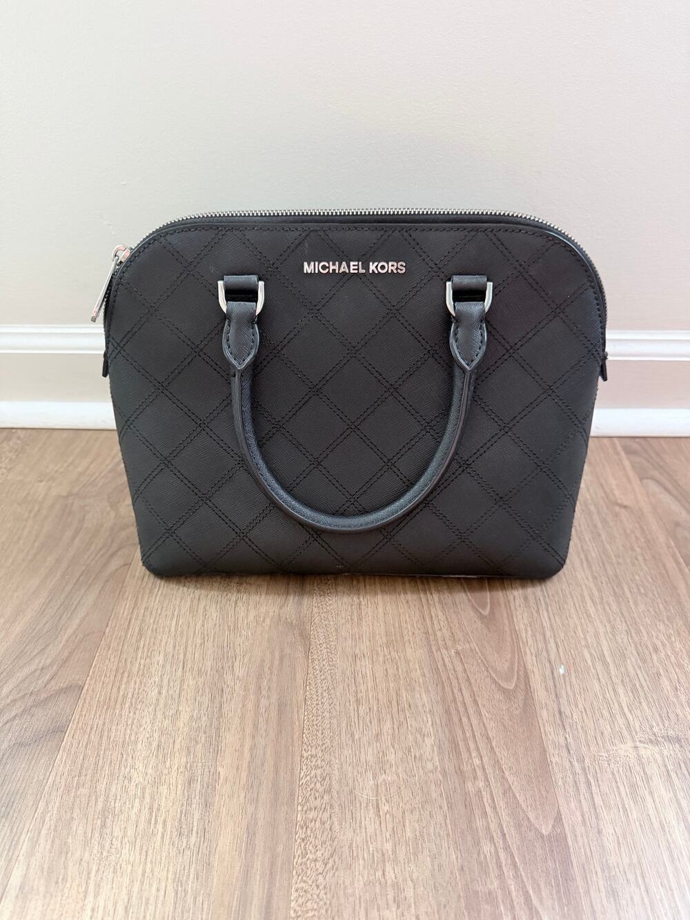 Michael Kors Cindy Dome Top Handle Black Diamond Stitch Silver Tone Purse